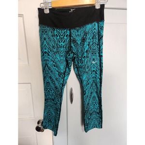Nike Women's Dri Fit Capri Running Leggings SZ XS, teal and black, zip pocket